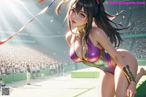 A woman in a purple bodysuit standing on a wrestling mat.