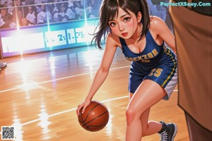 A woman kneeling on a basketball court with a ball in her hand.