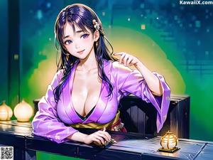 A woman in a purple kimono standing in front of a window.