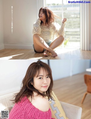 A woman in a white shirt is posing for the camera.