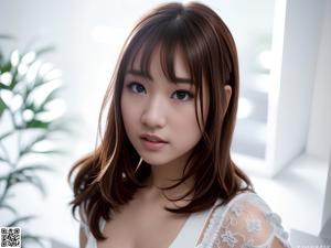 A woman in a white lingerie posing for the camera.