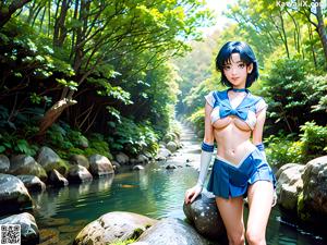 A woman in a blue and white outfit walking down a path.