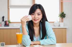 A woman sitting on a white couch with her hands up.