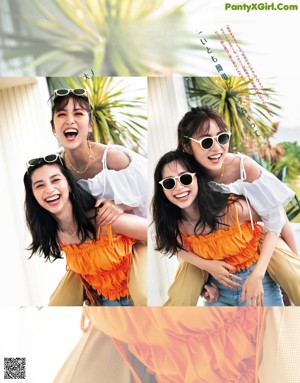 A couple of women wearing sunglasses are posing for a picture.