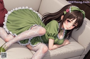 A woman in a green dress sitting on a chair.