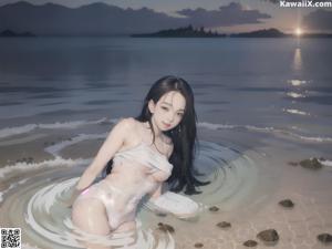 A woman in a bikini standing on a beach.