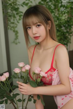 A woman in a red lingerie sitting on a chair.