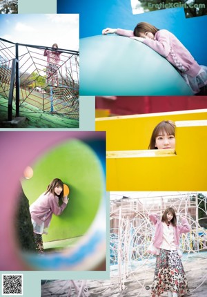 A collage of photos of a girl in a pink jacket.