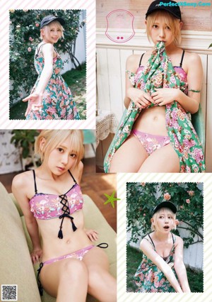 A woman in a bikini sitting on a wooden bench.