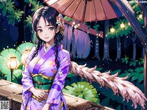 A woman in a kimono sitting on a bench with an umbrella.