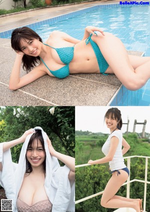 A woman in a blue bikini standing next to a pool.