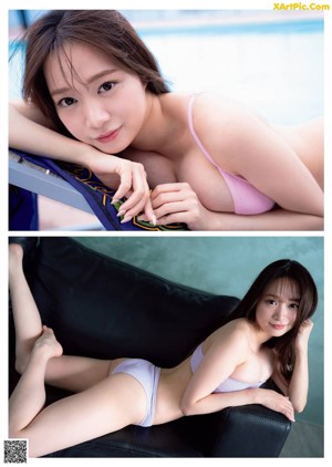 A woman in a white bra and panties sitting on a kitchen counter.