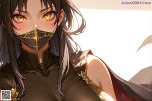 A woman in a blue and gold outfit with a mask on.