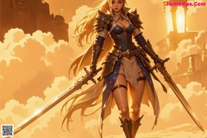 A woman with long blonde hair standing in front of a castle.