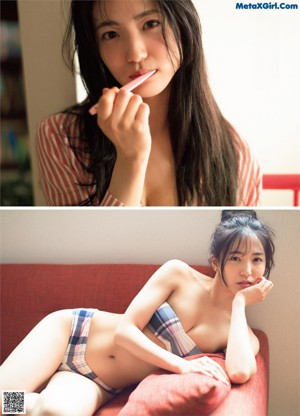 A woman in a white underwear sitting on a green couch.