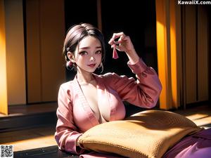 A woman in a pink kimono sitting on a bed.