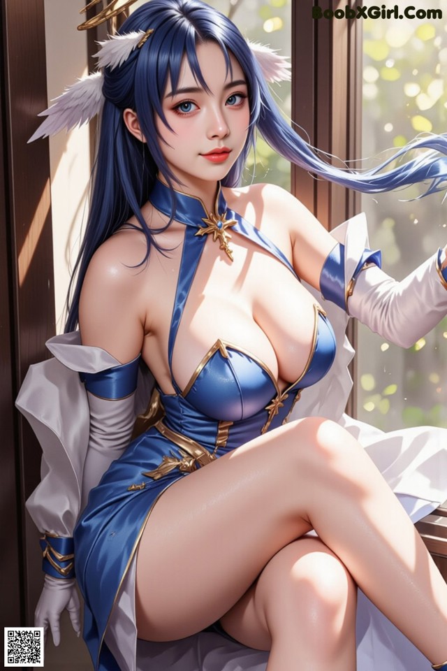 Hentai - Captivating Grace of the Cosmic Maiden Set.1 20250124 Part 7 No.84cd23 A woman in a blue and white outfit sitting on a window sill.