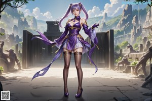 A woman in a purple dress and cat ears posing for a picture.