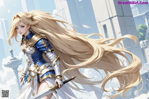 A woman in a blue and white outfit holding a sword.