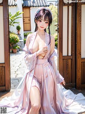 A woman in a white kimono sitting on a wooden floor.