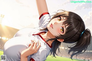 A girl in a yellow and white soccer uniform standing in the grass.