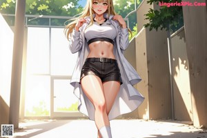 A woman in a shirt and shorts posing for a picture.