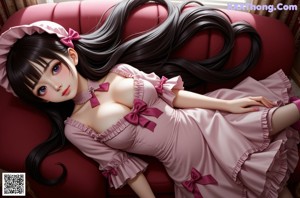 A woman in a pink and white dress with a pink bow.