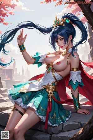 A woman in a white and blue outfit with a crown on her head.