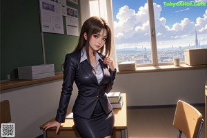 A woman sitting on a desk in front of a blackboard.