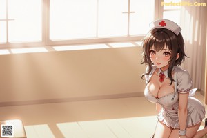 A woman in a nurse outfit sitting on a bed.