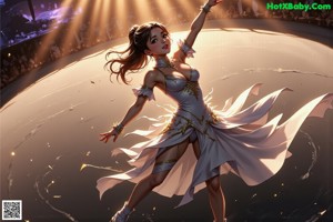 A woman in a white dress is dancing in the water.