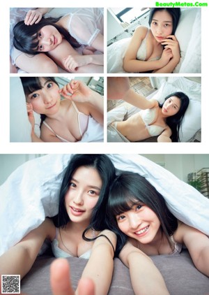 Two young women laying on a blue and white patterned floor.
