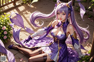 A woman in a purple outfit sitting on a rock.
