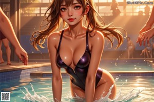 A woman in a black bathing suit sitting in a pool.
