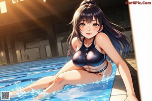 A woman in a black bikini sitting on the edge of a swimming pool.