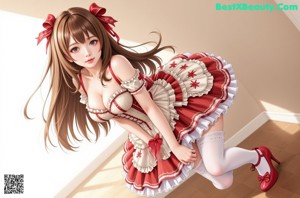 a woman in a red and white dress posing for a picture