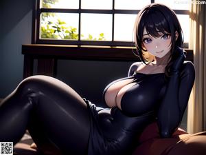 A naked anime girl with pink hair is sitting on a bed.