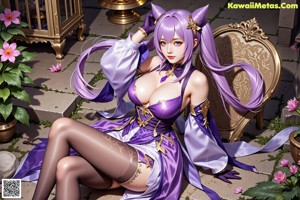 A woman in a purple outfit is posing for a picture.