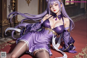 A woman in a purple and gold outfit posing for a picture.