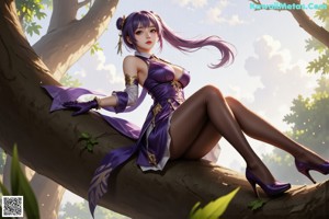 A woman in a purple and white outfit posing for a picture.