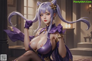 A woman with long purple hair sitting on a bed.