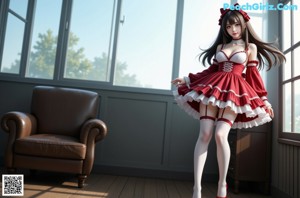a woman in a red and white dress posing for a picture