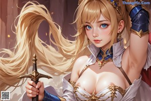 A woman with long blonde hair wearing a blue and gold outfit.