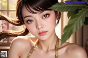 A woman in a white lingerie posing in a garden.